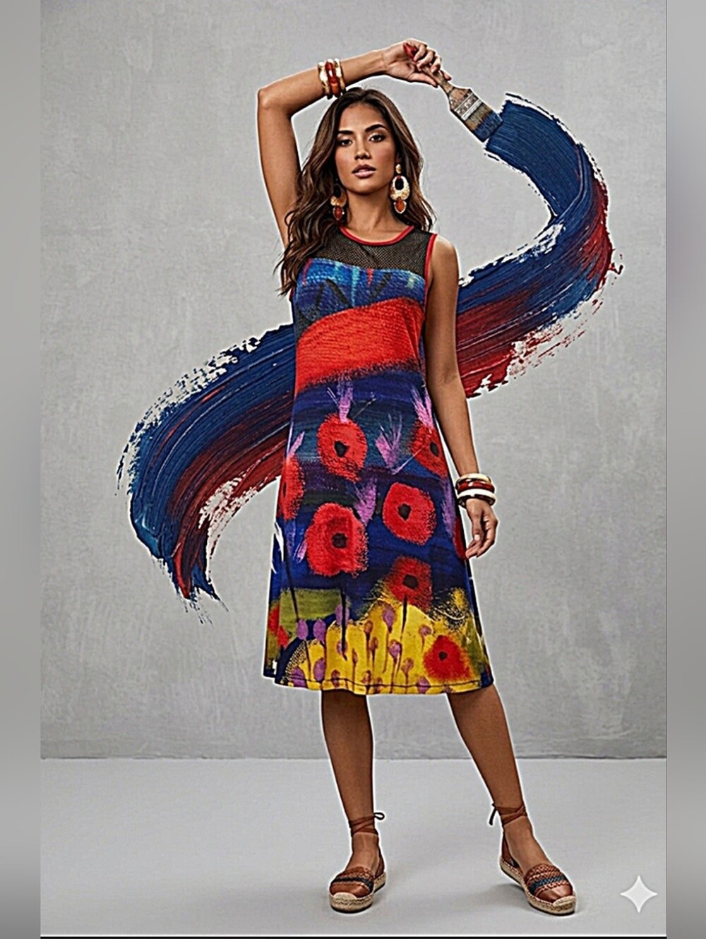 Dolcezza Simply Art Floral Sleeveless Dress / Sz S / Red, Dark Blue, Yellow